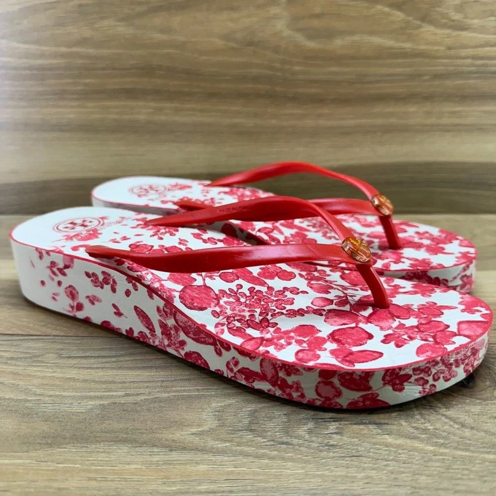 Tory Burch Floral Flip Flop Thong Wedge Sandal 9 M Vacation Resort Preppy Travel